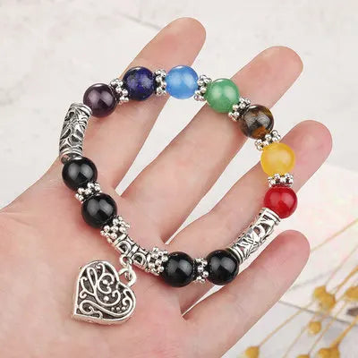 New Women 8mm Bracelets Bangles 7 Chakra Healing Balance Beads Heart Charm Bracelet For Female Reiki Prayer Stones Jewelry