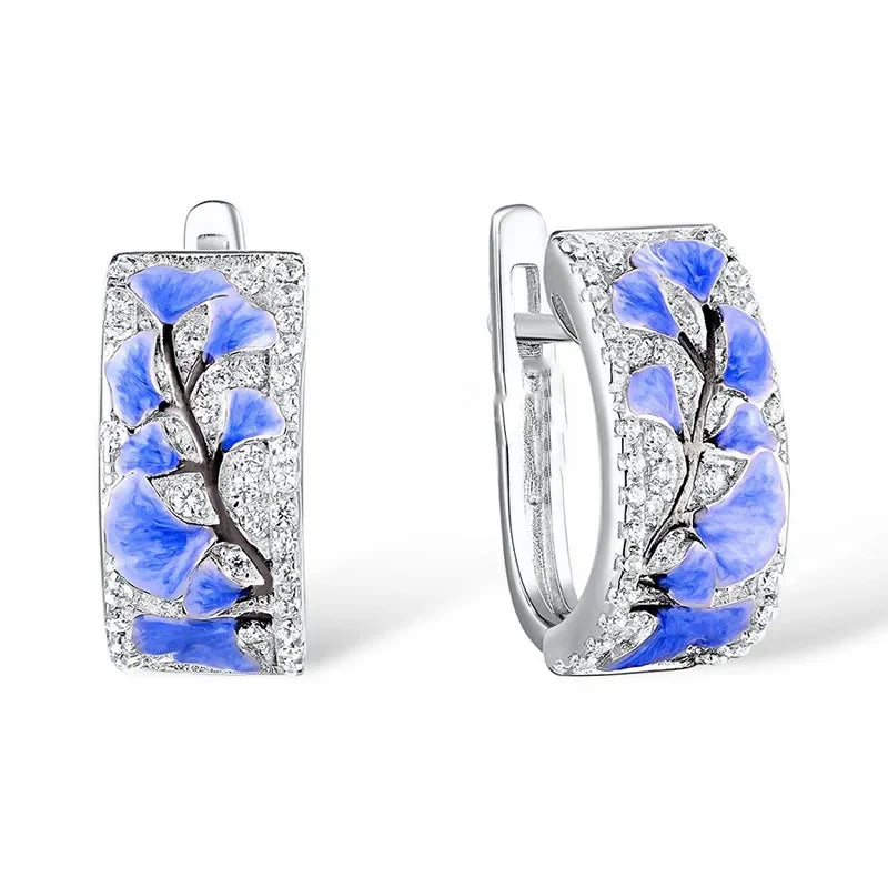 Female Silver Flower Ring for Woman Blue Flower Ring Sterling Silver Color Party Fashion Promise Wedding Jewelry HANDMADE Enamel