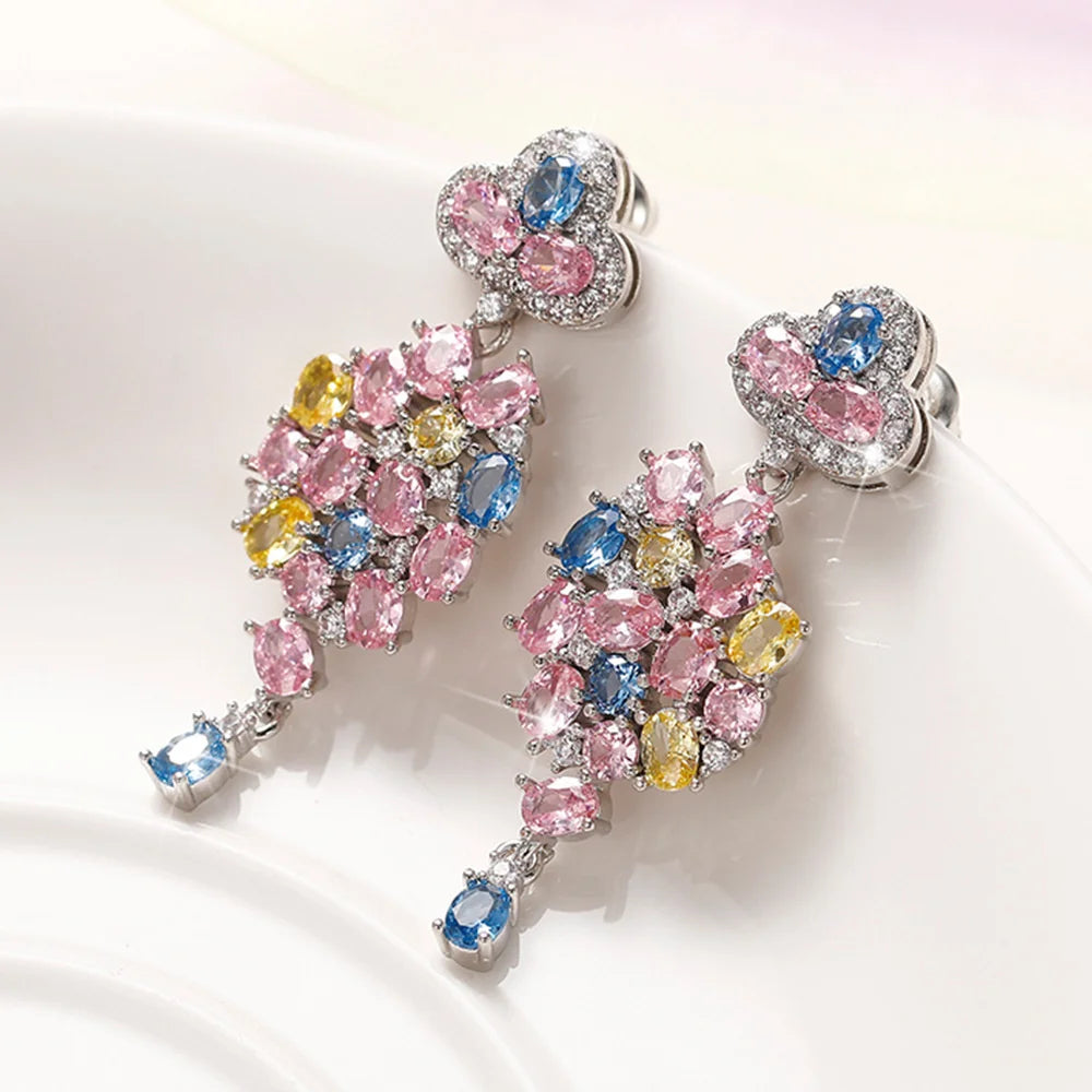 Cute Female Silver Color Flower Drop Stud Earrings Lovely Bridal Wedding Jewelry For Women