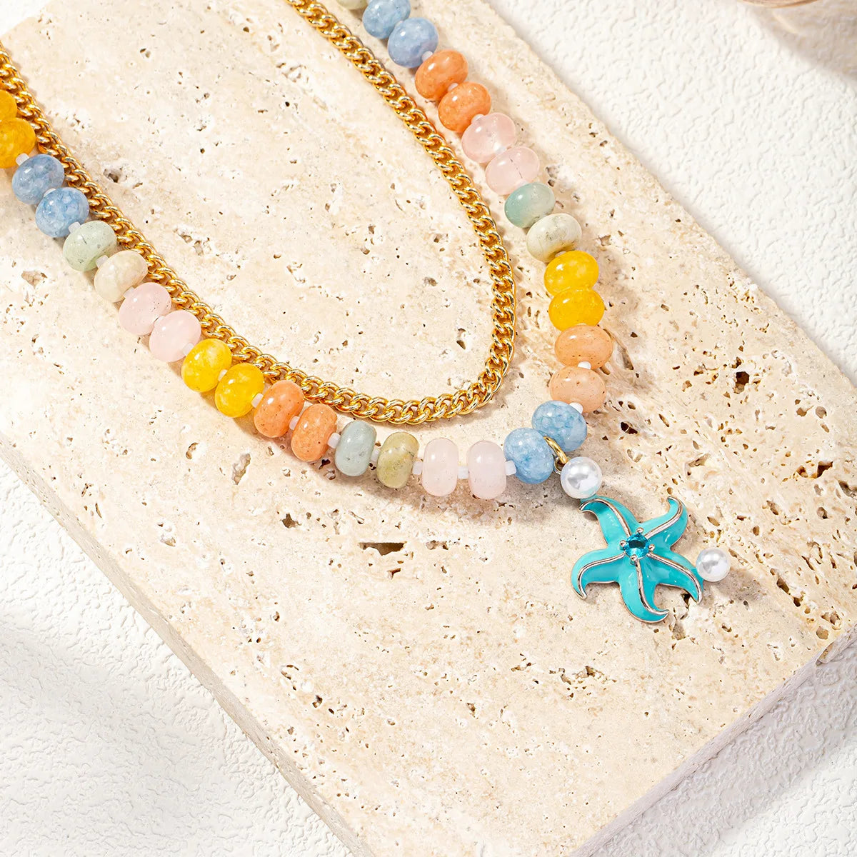 Handmade Natural Stone Beads Choker Necklace Women Colorful Enamel Starfish Pendant Stainless Steel Chain Necklaces Boho Jewelry