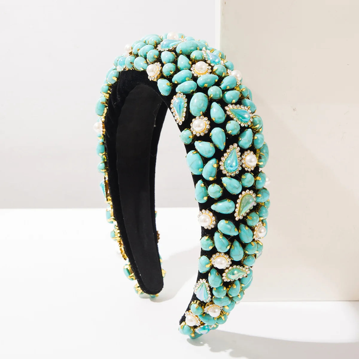Baroque Headband for Women Heavy Craft Turquoise Pearl Hair Hoop Vintage Court Luxury Hair Accessories Party Statement Hairband