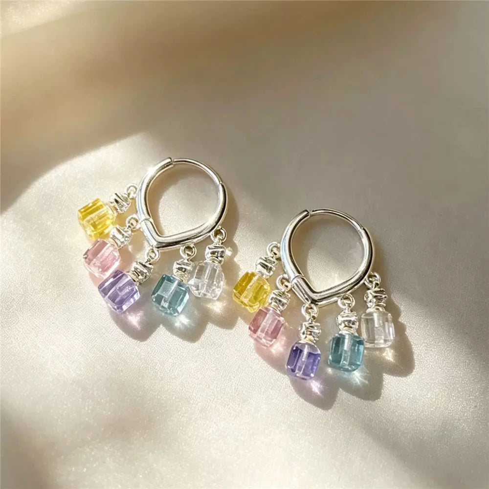 Simple Luxury Charm Female Small Geometric Rainbow Zircon Stone Drop Dangle Earrings Cute Silver Color Party Jewelry For Women