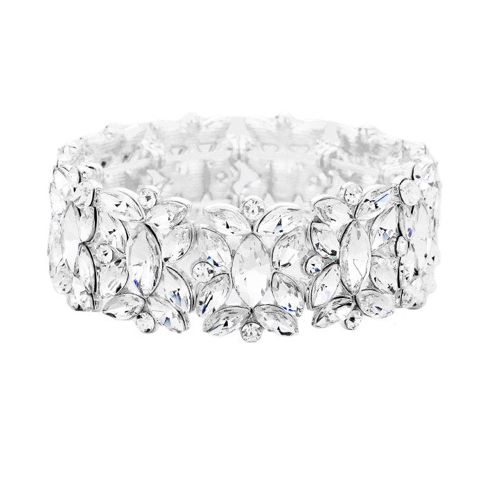 Marquise Floral Oval Crystal Cluster Stretch Evening Bracelet
