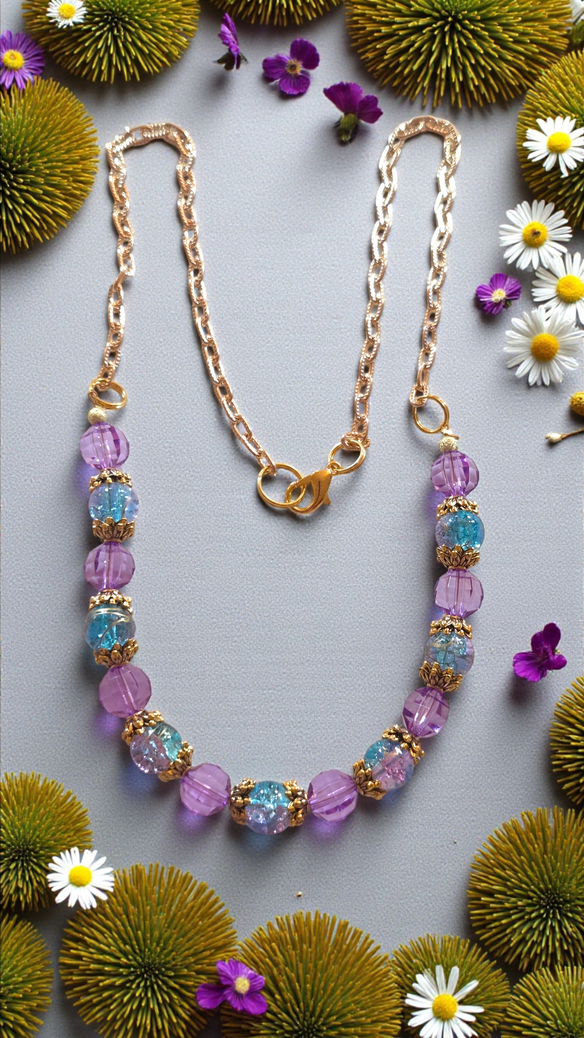 Purple & Turquoise Bead Necklace  #4768