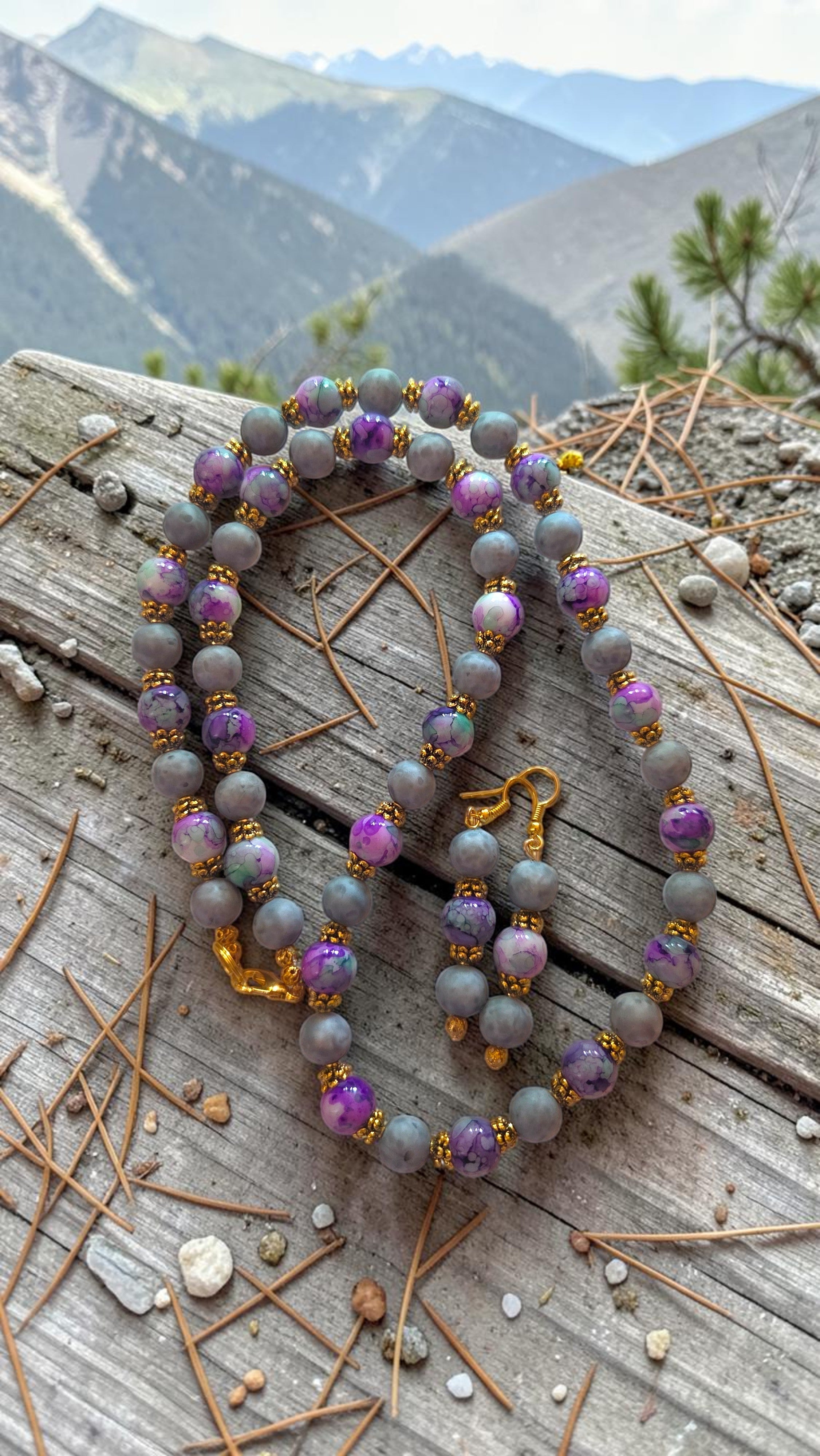 Purple & Gray Beaded Jewelry Set   #4782