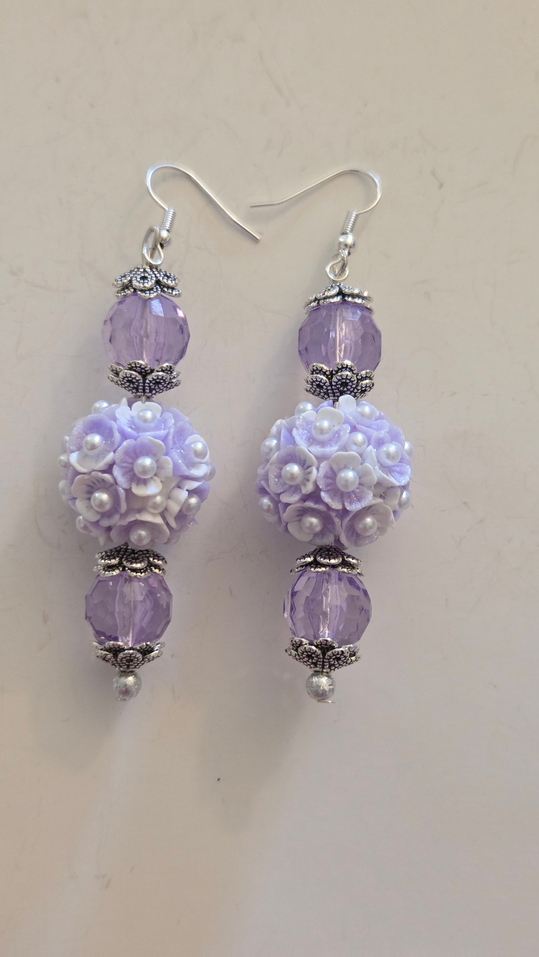 Purple & White Flower Bead Earrings  #4809