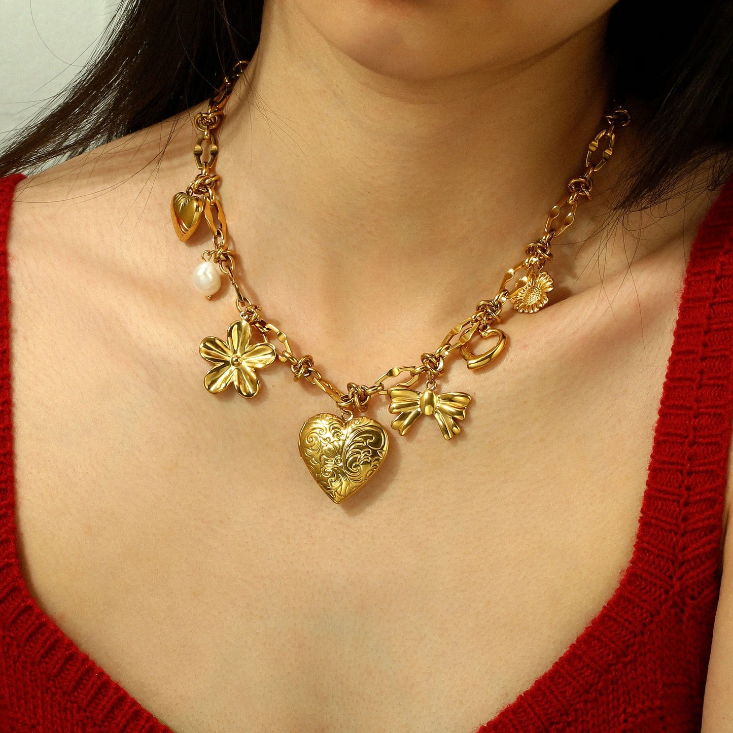 Badu Minimalist 18K Gold Plated Stainless Steel Bow Pearl Flower Heart Charm Pendant Necklace For Women Accessories Gift Holiday