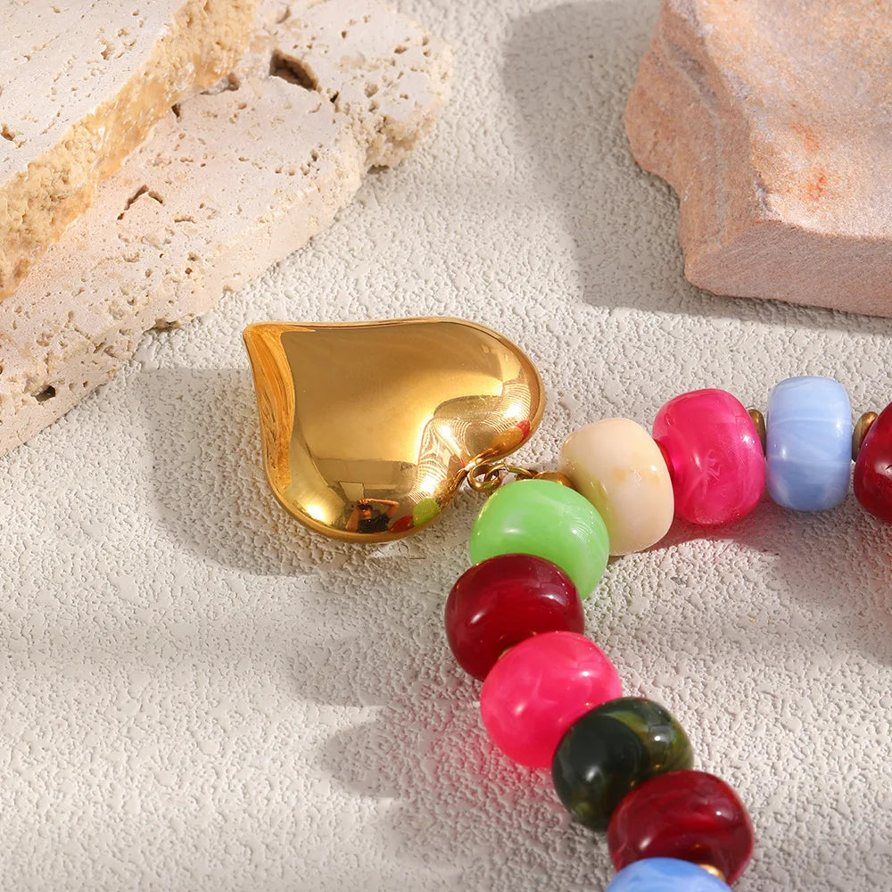 Stainless Steel Colorful Beaded Heart Pendant Necklace for Women Boho Gold Platd Resin Bead Choker Necklaces Statement Jewely