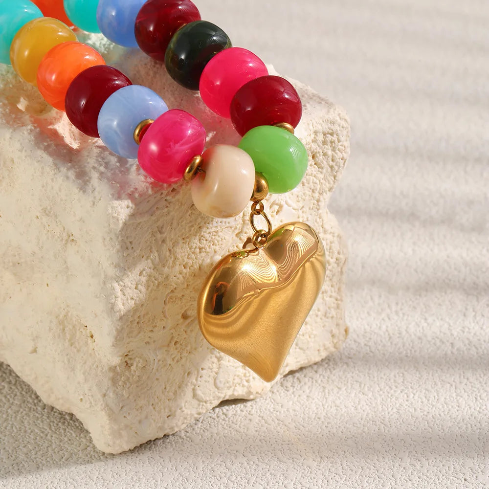 Stainless Steel Colorful Beaded Heart Pendant Necklace for Women Boho Gold Platd Resin Bead Choker Necklaces Statement Jewely