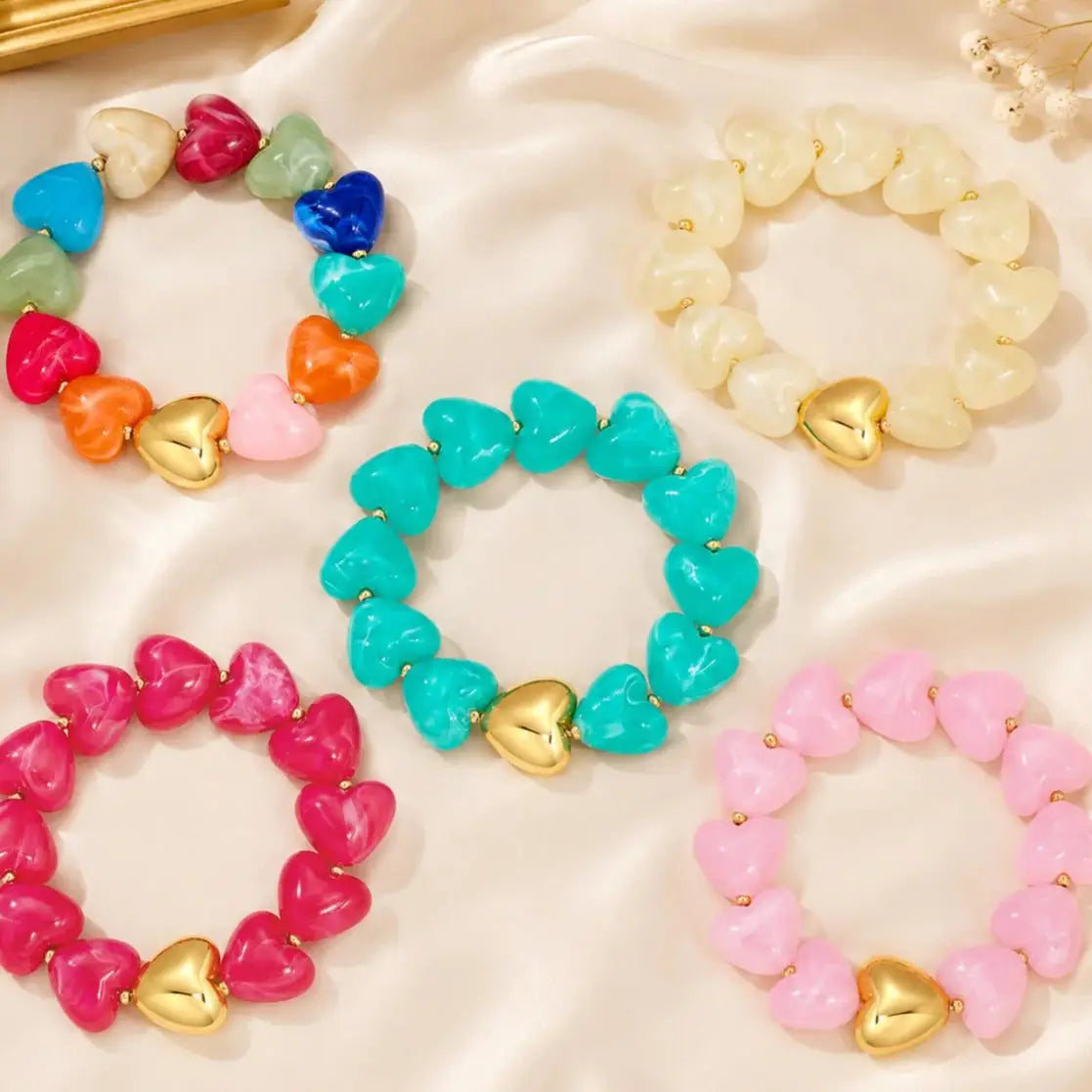 Colorful Stainless Steel Heart Handmade Bracelet for Women Bohemia Style Resin Beads Statement Waterproof Jewelry Gifts