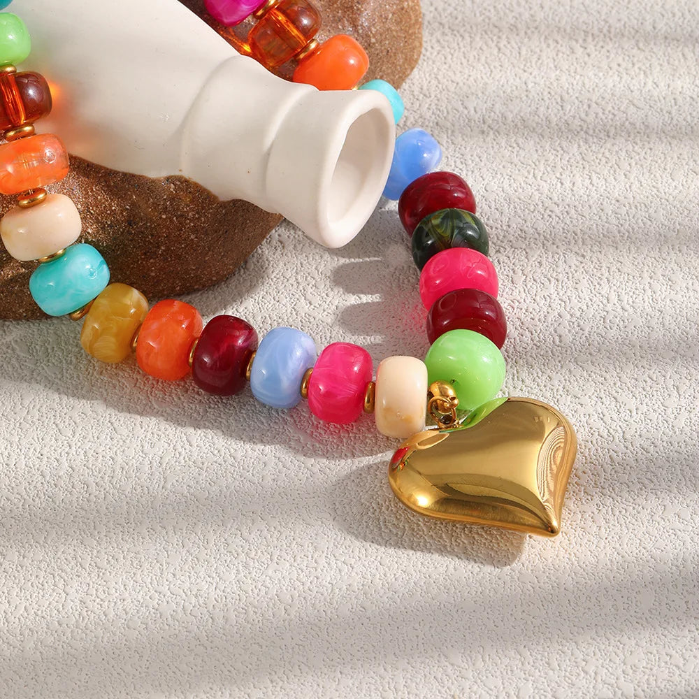 Stainless Steel Colorful Beaded Heart Pendant Necklace for Women Boho Gold Platd Resin Bead Choker Necklaces Statement Jewely