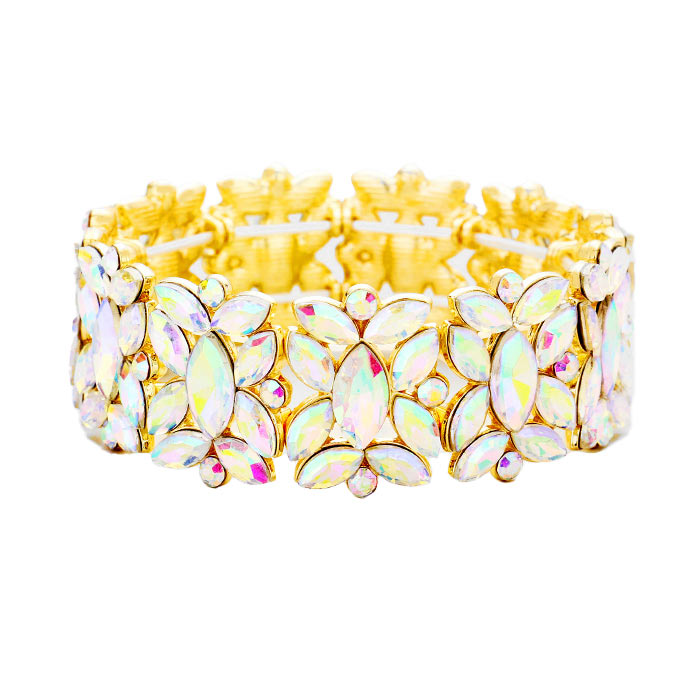 Marquise Floral Oval Crystal Cluster Stretch Evening Bracelet