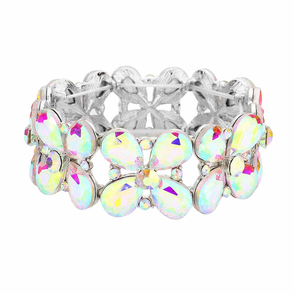 Floral Teardrop Glass Crystal Stretch Evening Bracelet