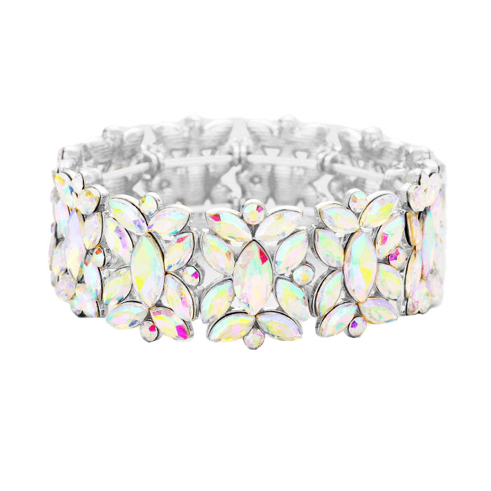 Marquise Floral Oval Crystal Cluster Stretch Evening Bracelet