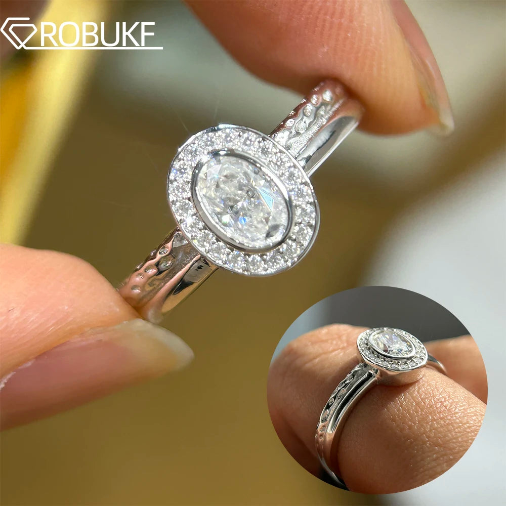 0.5CT Bezel Set Oval Cut Moissanite Halo Ring for Women Lab Diamond 925 Sterling Silver Double Row Wedding Band Jewelry With GRA