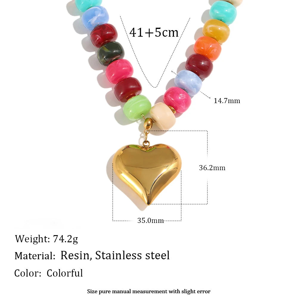 Stainless Steel Colorful Beaded Heart Pendant Necklace for Women Boho Gold Platd Resin Bead Choker Necklaces Statement Jewely