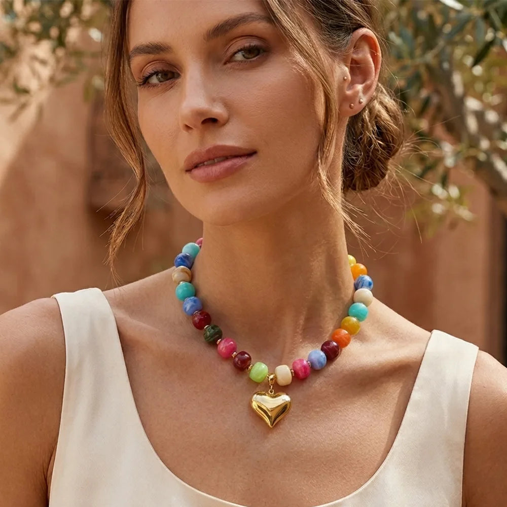 Stainless Steel Colorful Beaded Heart Pendant Necklace for Women Boho Gold Platd Resin Bead Choker Necklaces Statement Jewely
