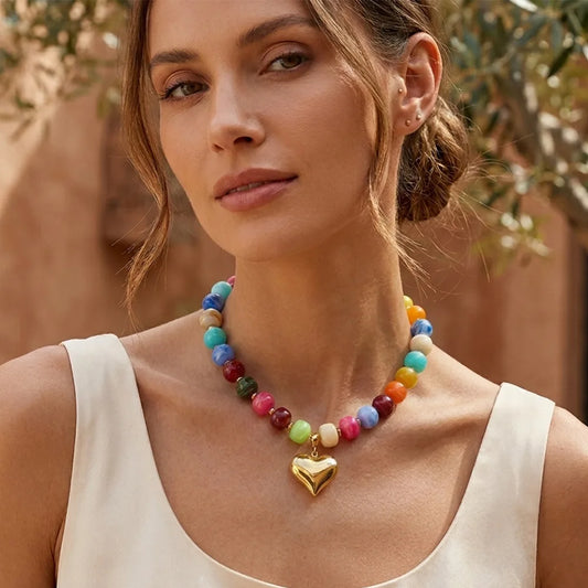 Stainless Steel Colorful Beaded Heart Pendant Necklace for Women Boho Gold Platd Resin Bead Choker Necklaces Statement Jewely