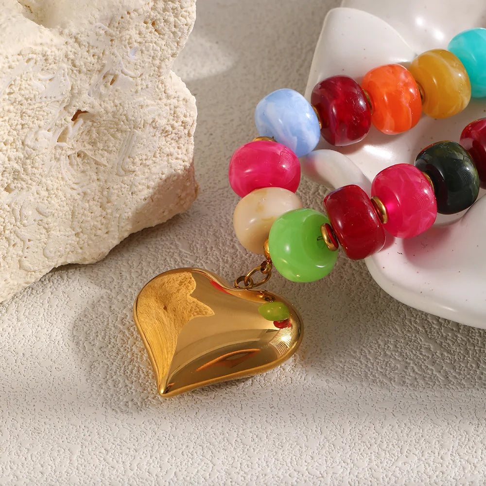 Stainless Steel Colorful Beaded Heart Pendant Necklace for Women Boho Gold Platd Resin Bead Choker Necklaces Statement Jewely