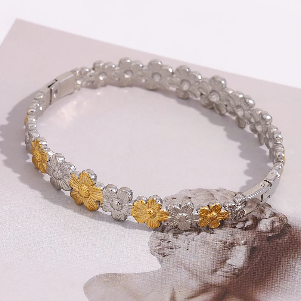 E.B.belle Fashion Mini Double Color Oval Flower Bracelet PVD Plated Stainless Steel Waterproof Women Jewelry Accessories