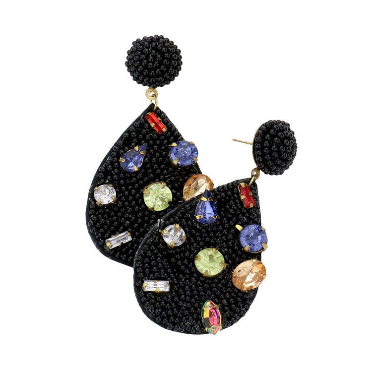 Multi Stone Embellished Seed Beaded Teardrop Dangle Earring