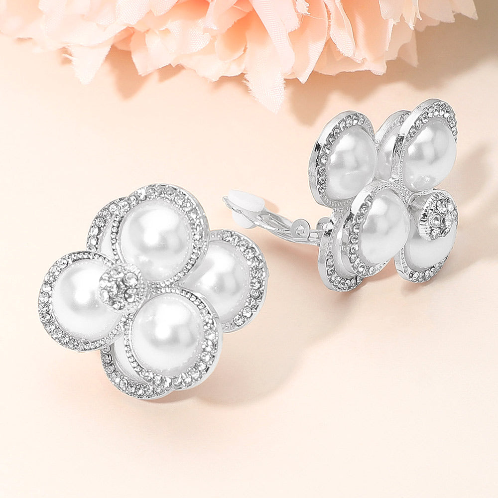 Pearl Cluster Flower Evening Clip On Earrings
