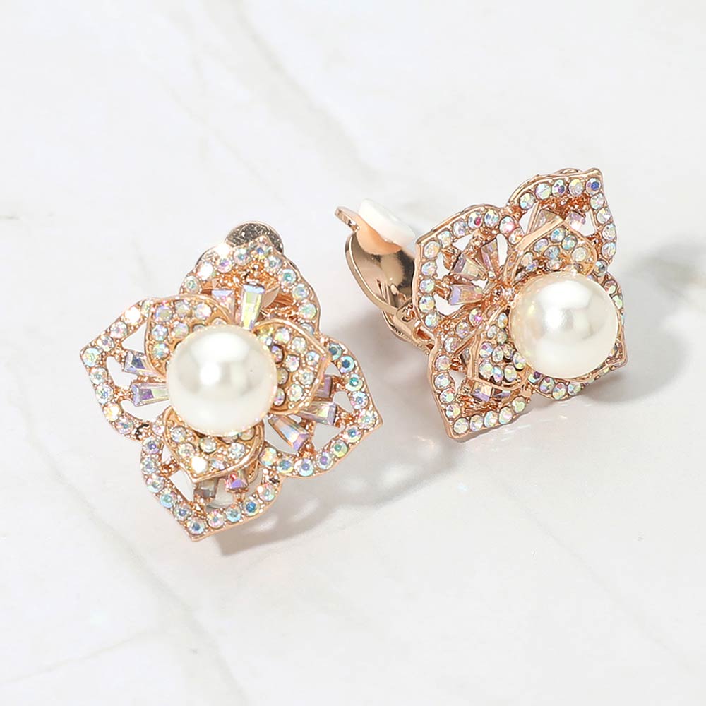 Pearl Center Rhinestone Pave Flower Clip On Earrings