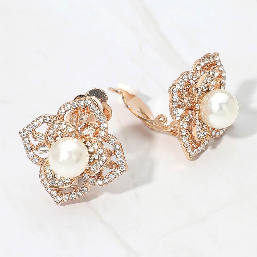 Pearl Center Rhinestone Pave Flower Clip On Earrings
