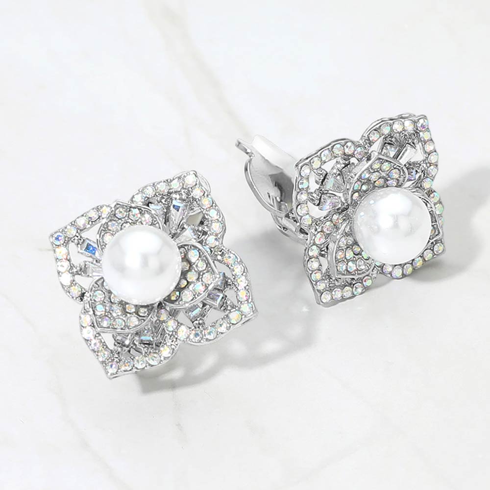 Pearl Center Rhinestone Pave Flower Clip On Earrings