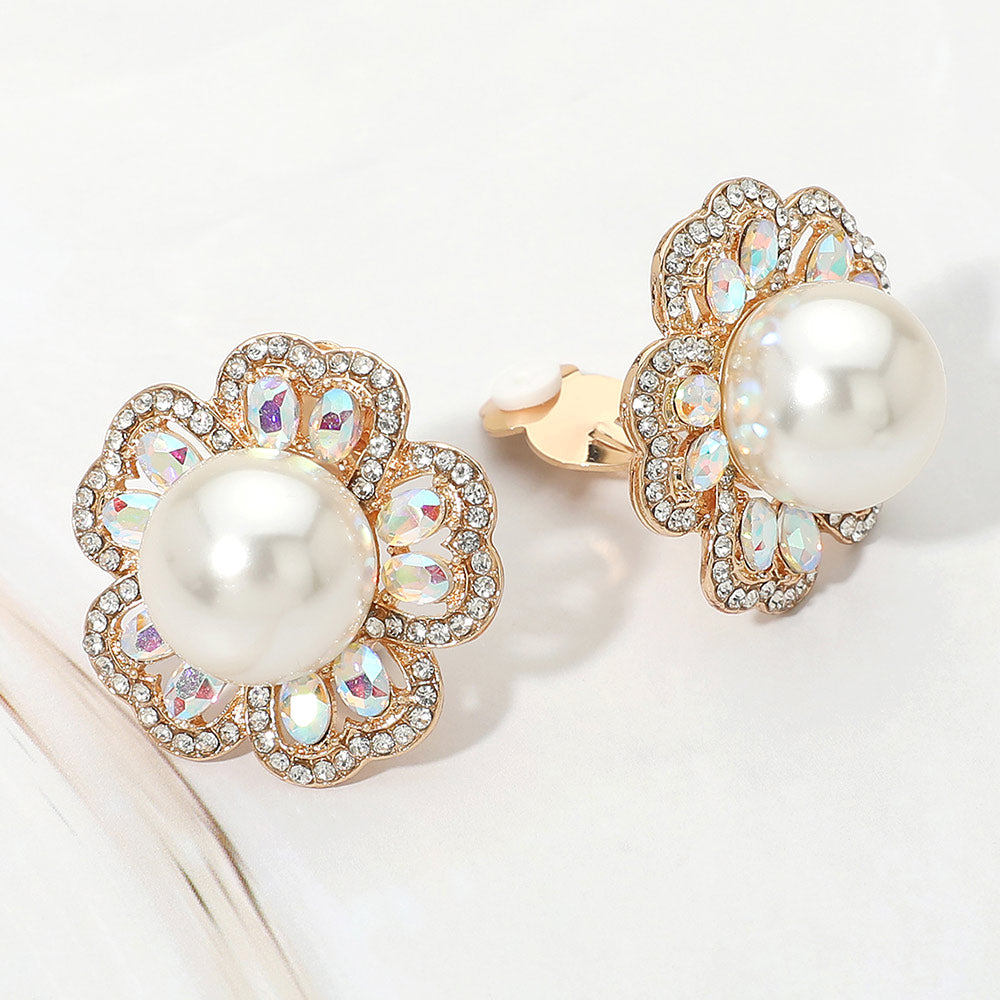 Pearl Center Rhinestone Embellished Floral Clip On Earrings