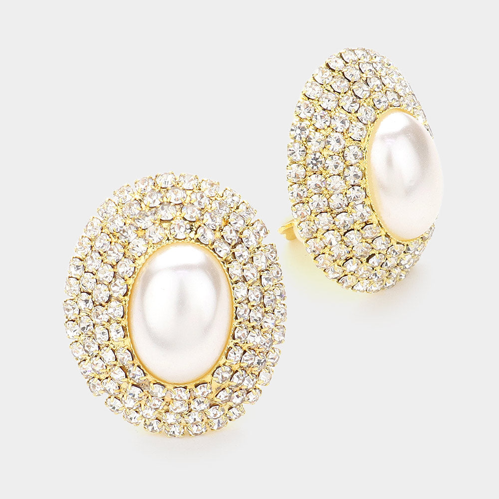 Oval Crystal Pearl Clip On Earrings