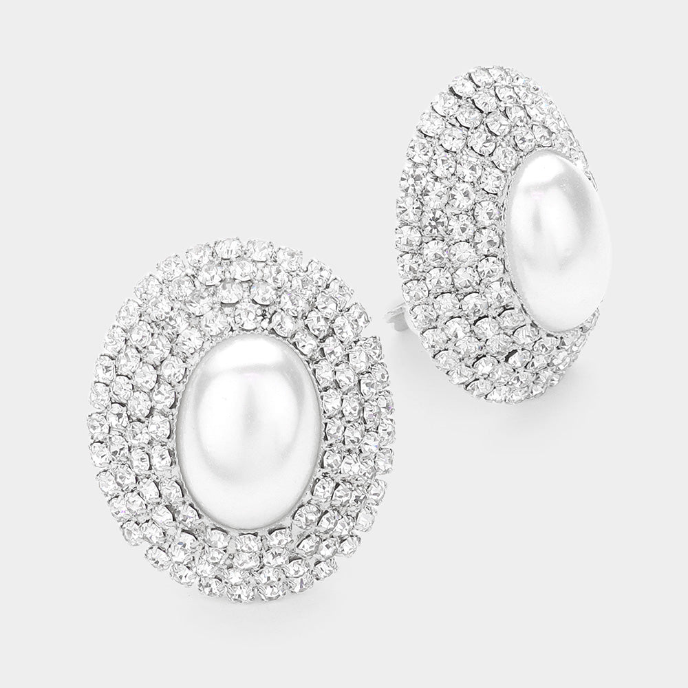 Oval Crystal Pearl Clip On Earrings