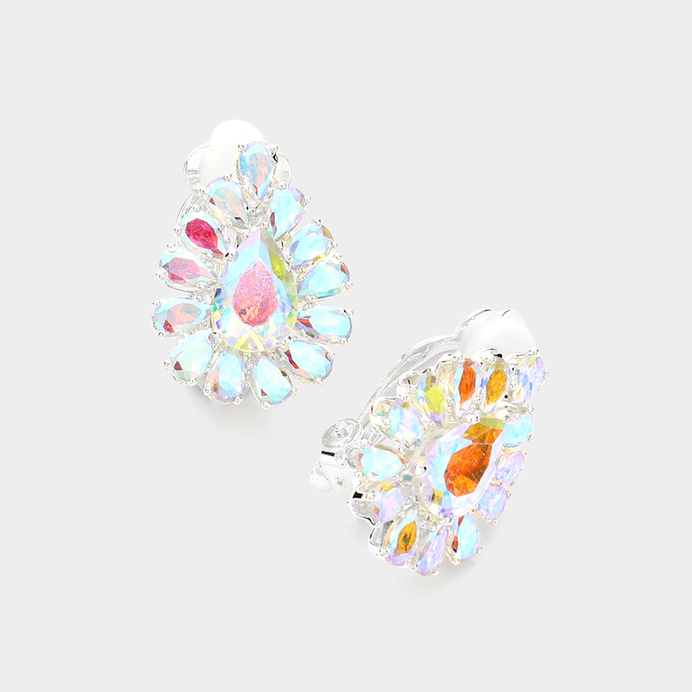 Teardrop Stone Cluster Clip On Evening Earrings