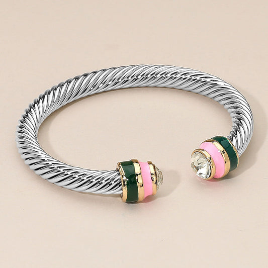 Stone Accent Two Tone Tip Twisted Cuff Bracelet
