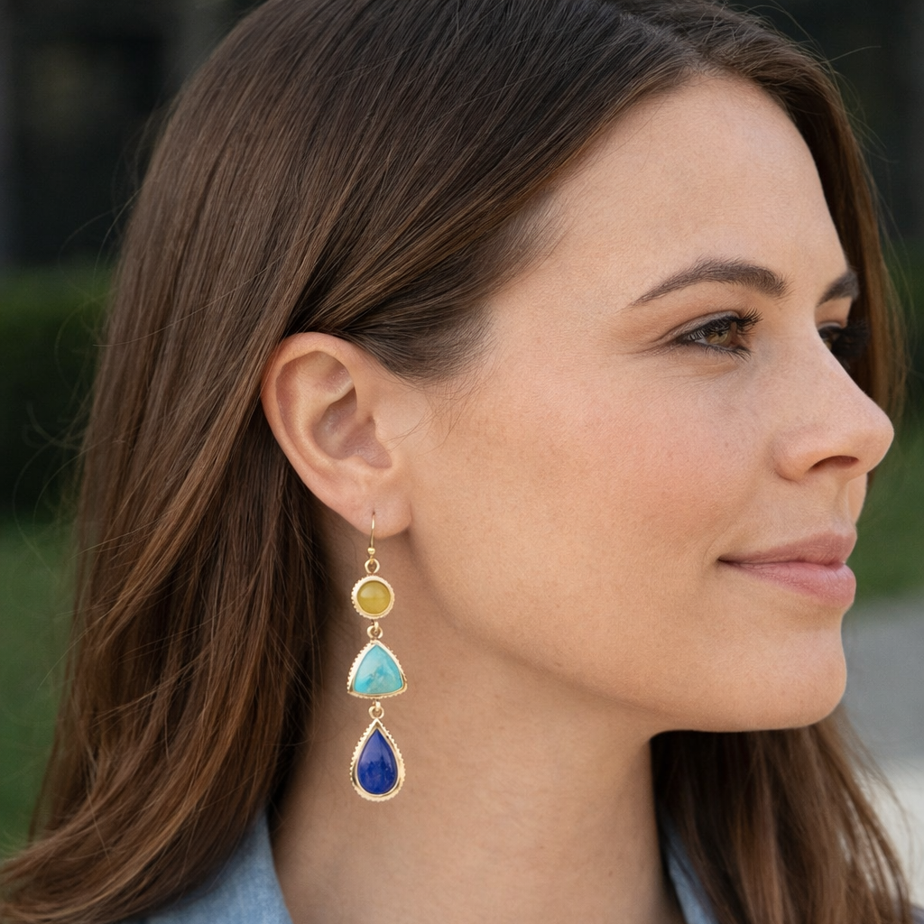 Yellow Quartz and Blue Turquoise Golden Drop Earrings