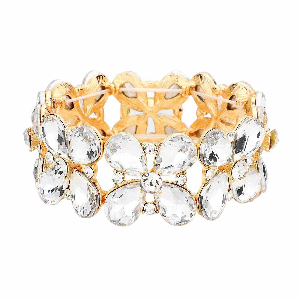 Floral Teardrop Glass Crystal Stretch Evening Bracelet