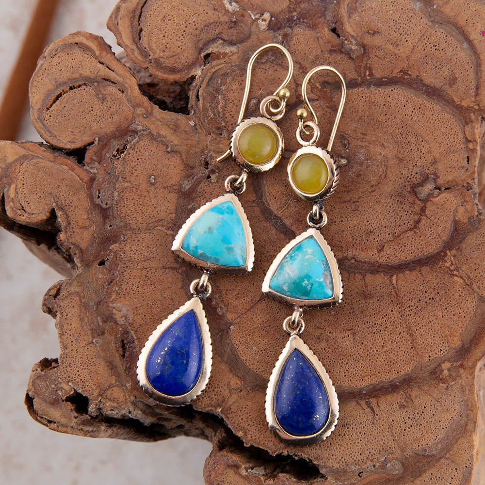 Yellow Quartz and Blue Turquoise Golden Drop Earrings
