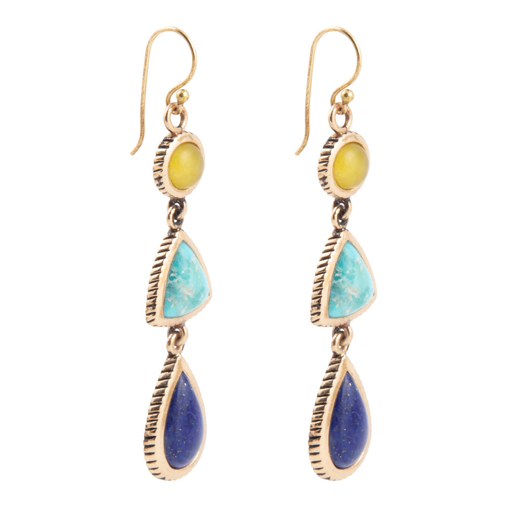 Yellow Quartz and Blue Turquoise Golden Drop Earrings