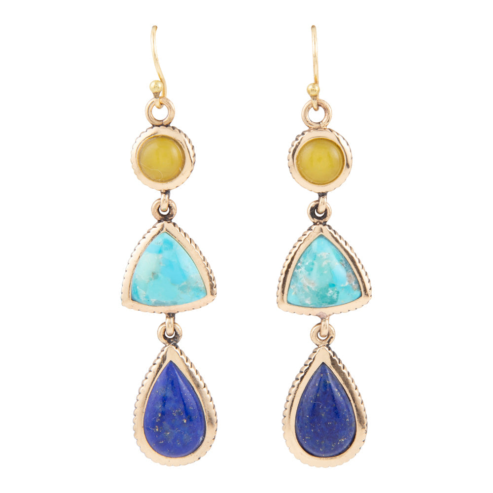 Yellow Quartz and Blue Turquoise Golden Drop Earrings