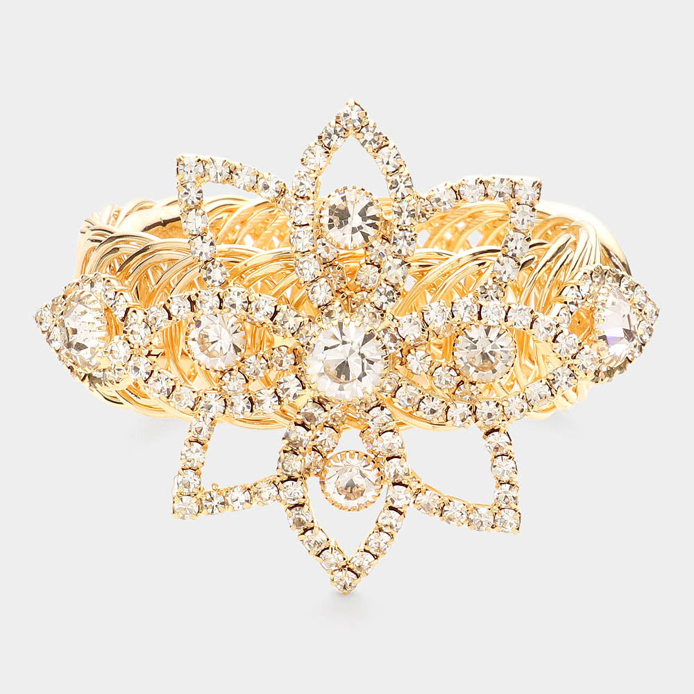 Round Stone Pointed Rhinestone Paved Flower Adjustable Evening Bracelet / Arm Cuff