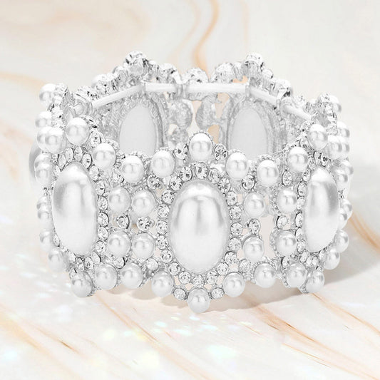 Oval Pearl Accented Link Stretch Evening Bracelet