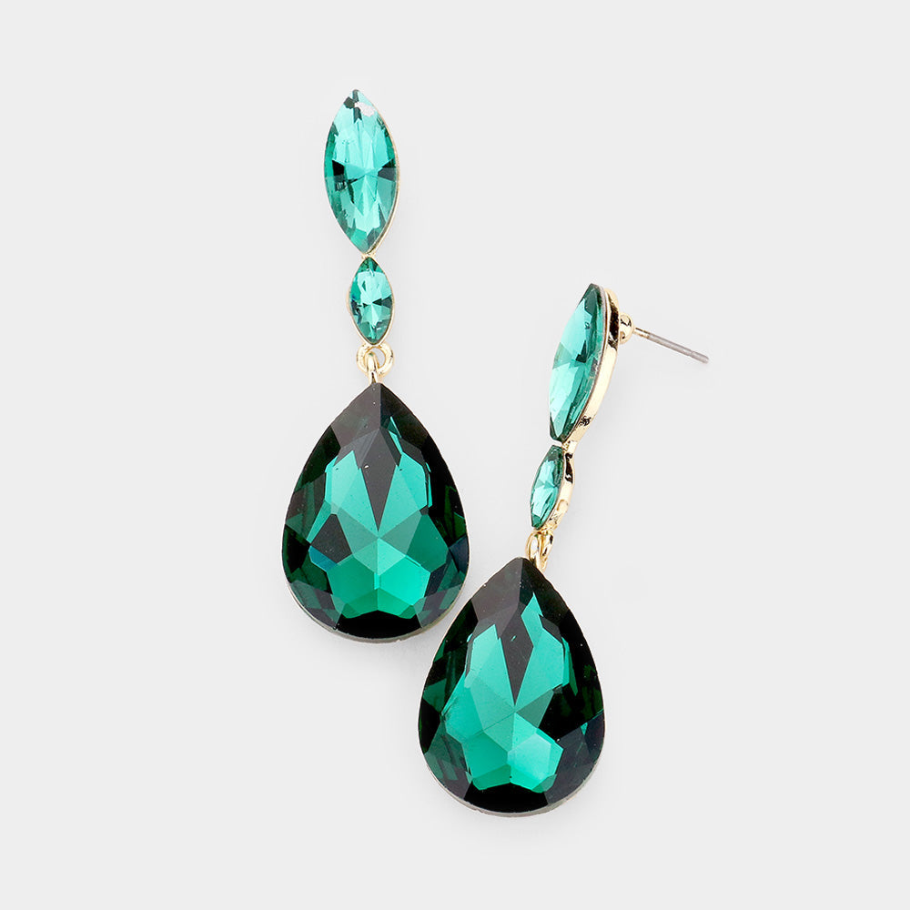 Double Marquise Stone Teardrop Link Dangle Evening Earrings
