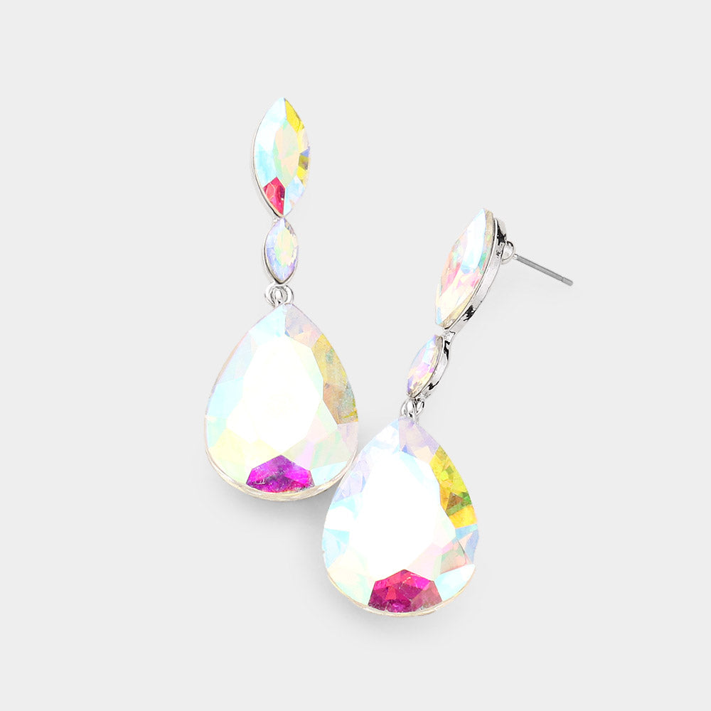Double Marquise Stone Teardrop Link Dangle Evening Earrings