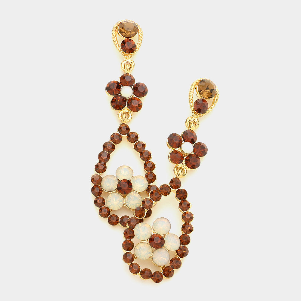 Round Rhinestone Flower Dangle Drop Evening Earrings