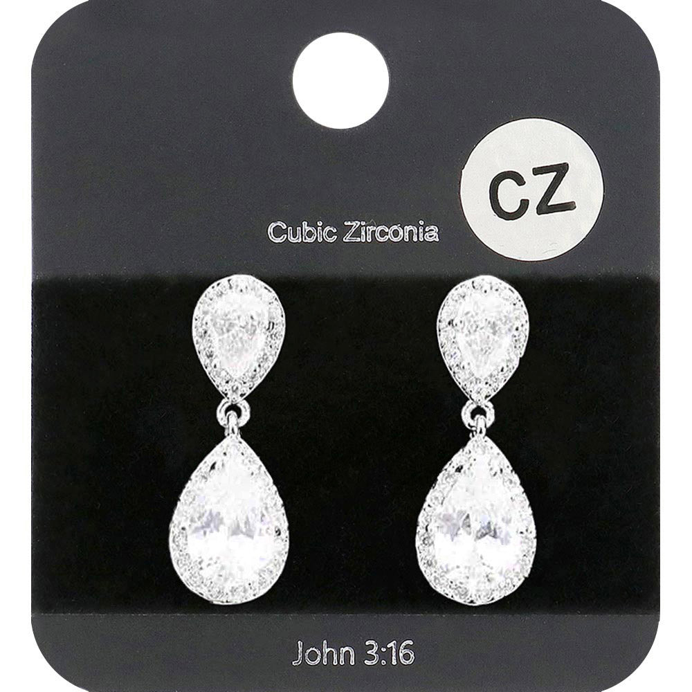 CZ Teardrop Stone Dangle Evening Earrings