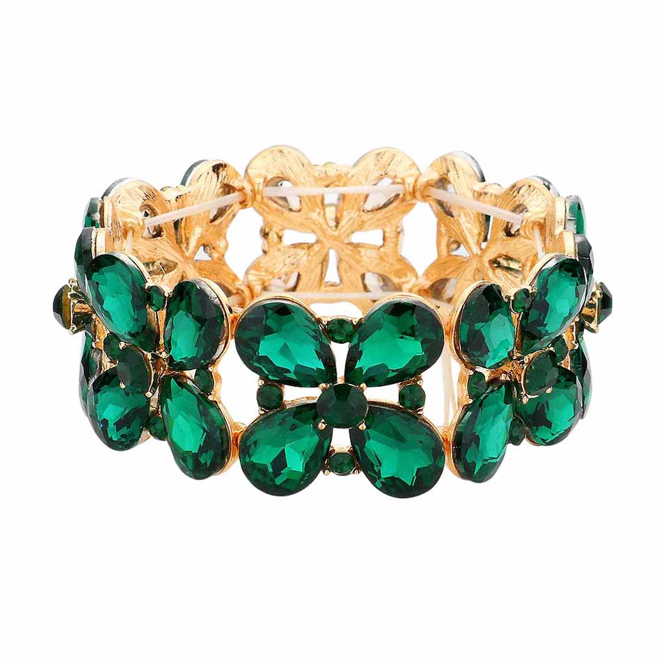 Floral Teardrop Glass Crystal Stretch Evening Bracelet