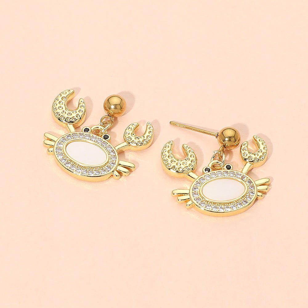 Stainless Steel Mother of Pearl CZ Stone Paved Crab Charm Dangle Earrings