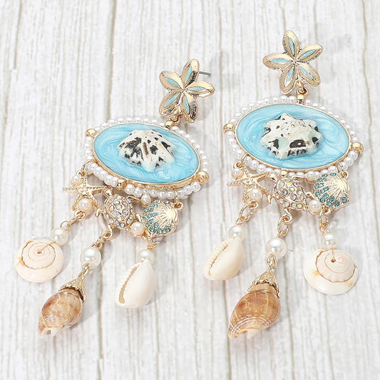 Pearl Embellished Coastal Shell Charm Drop Statement Earrings