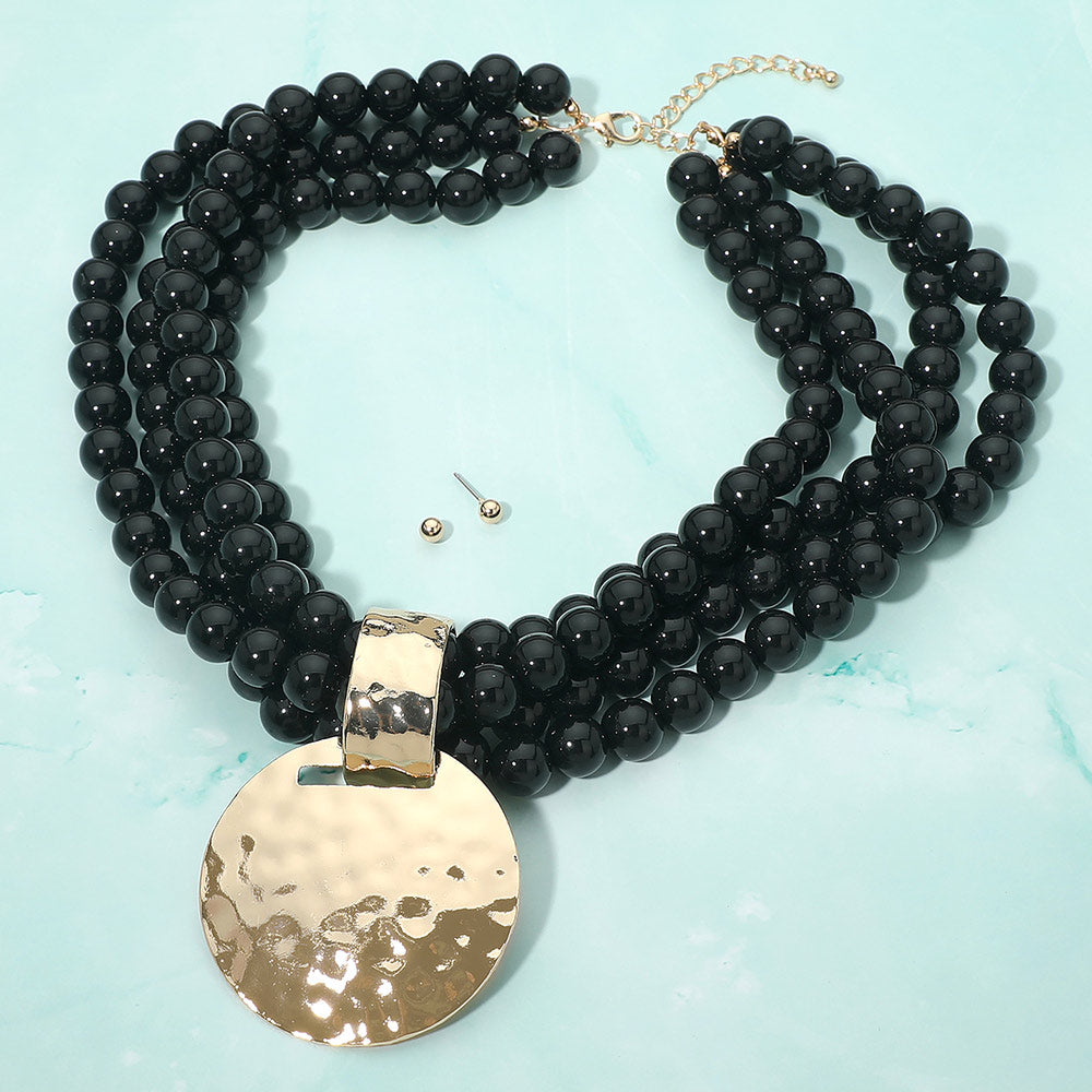 Bold Hammered Disc Plate Pendant Accent Multi Strand Beaded Statement Necklace