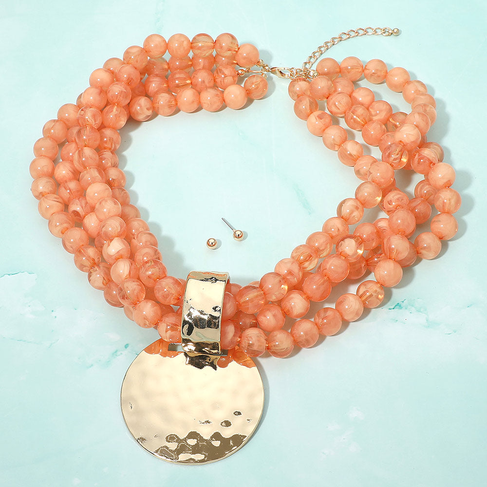 Bold Hammered Disc Plate Pendant Accent Multi Strand Beaded Statement Necklace